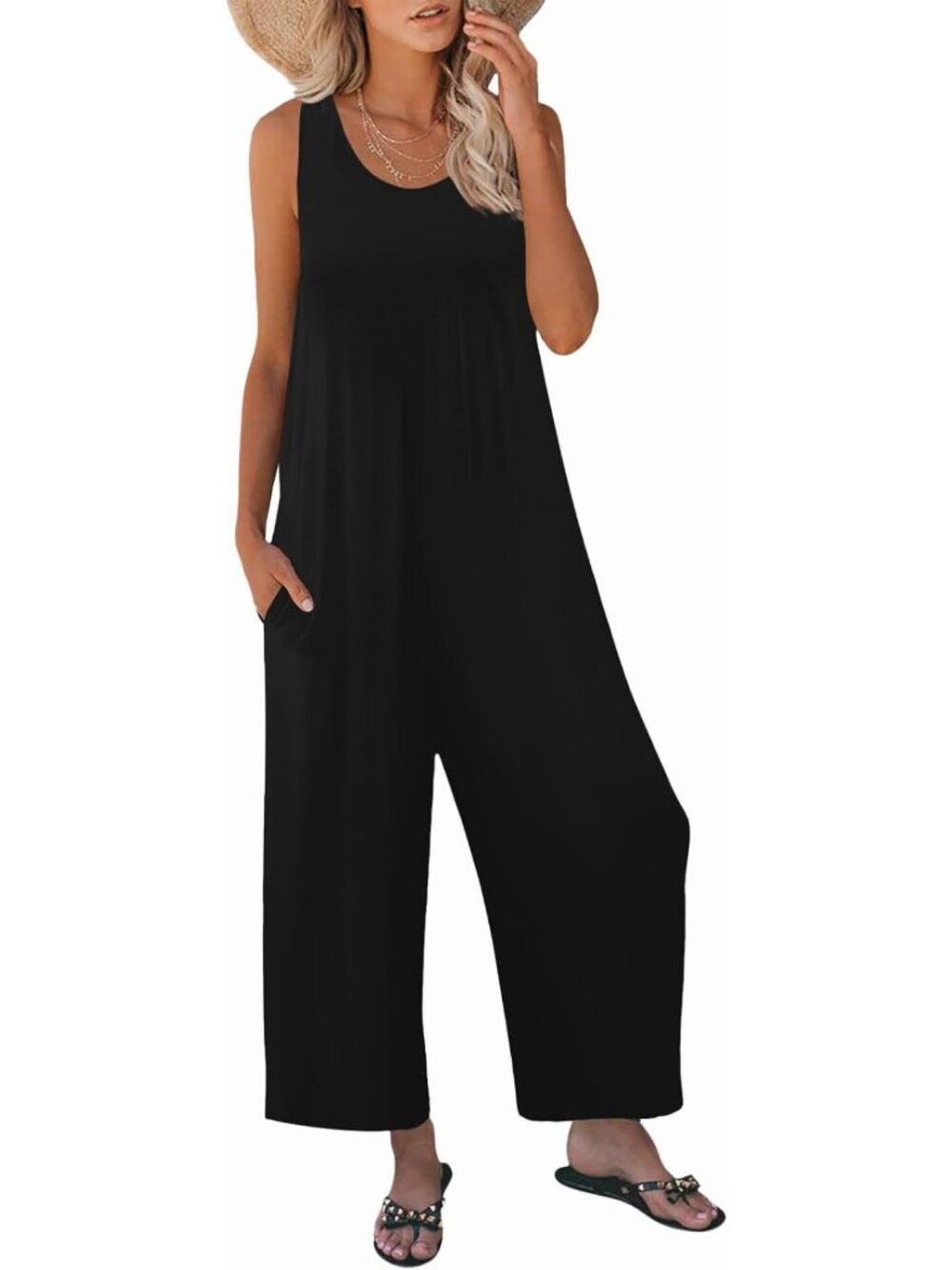 Summer Casual Loose Tank Jumpsuit for Women - Sleeveless, Crewneck, Long Pants